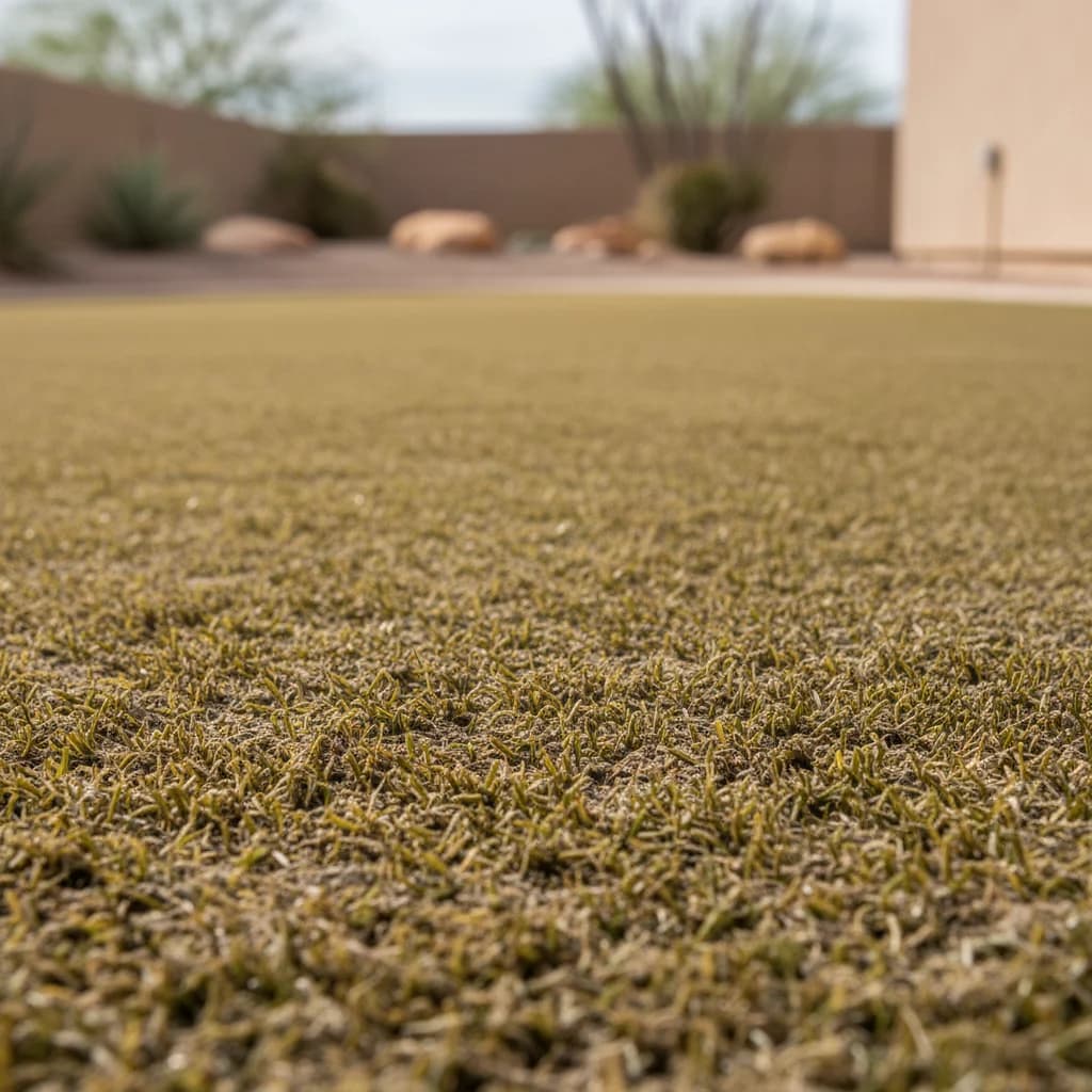 Side yard turf before restoration, matted brown and worn