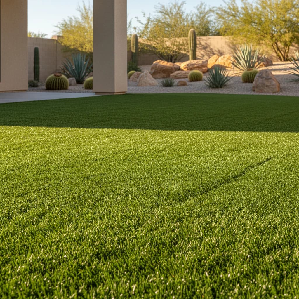 Freshly cleaned artificial turf in a Mesquite style desert backyard